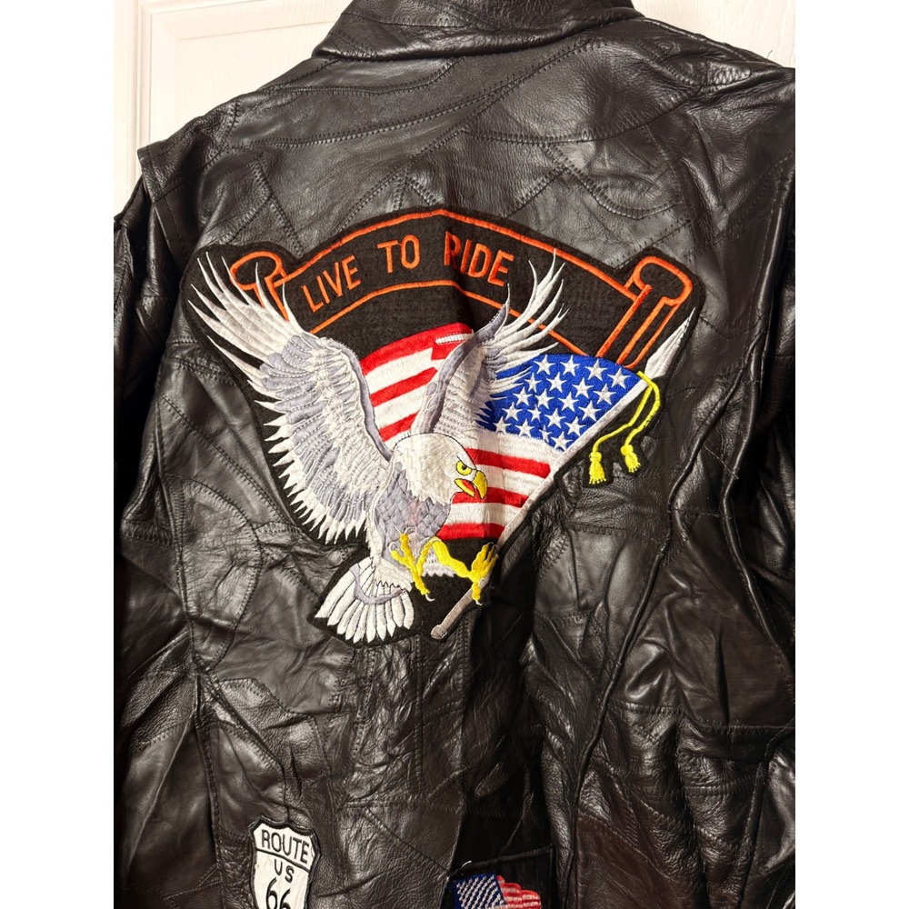 Diamond Plate Buffalo Leather Biker Jacket Mens XL Patchwork Live To Ride Eagle - Picture 7 of 15